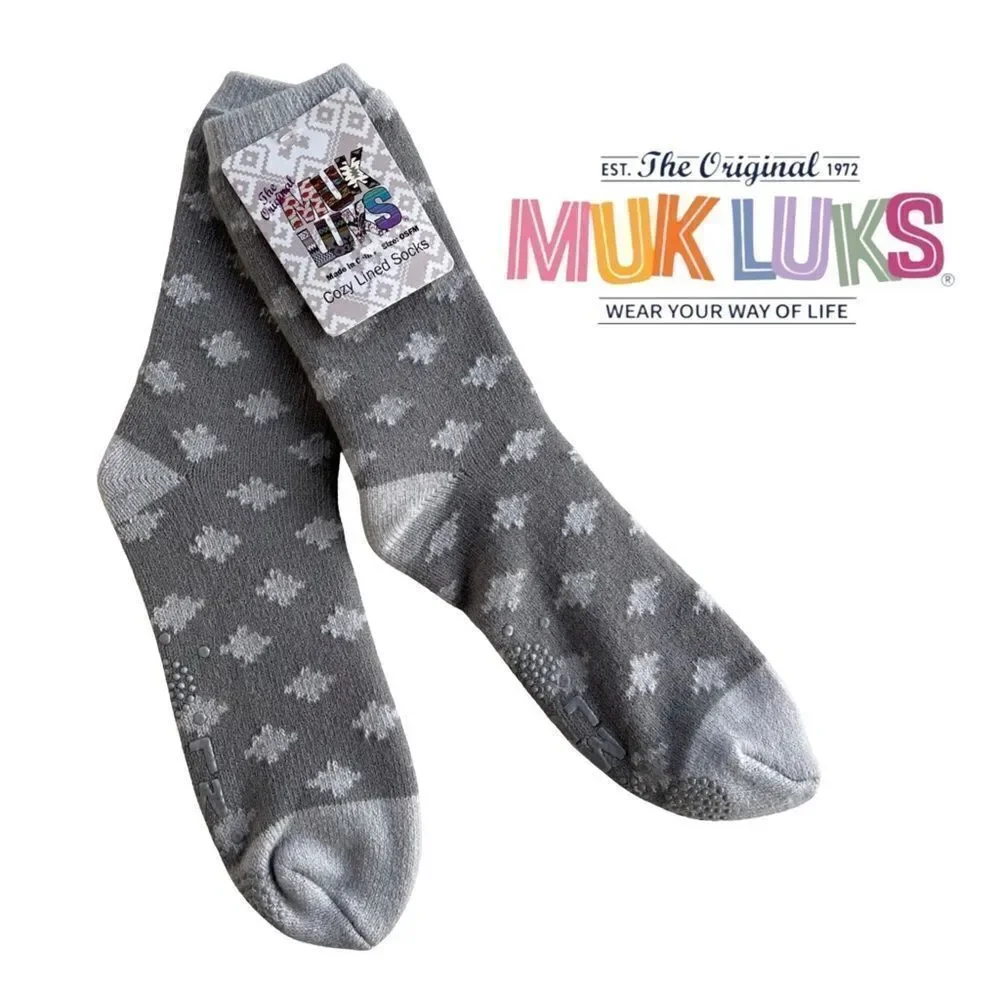 The Original Muk Luks Cozy Lined Socks Gray Geometric Print  Gripped Socks OSFM